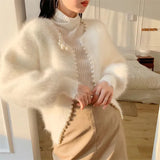 Znbbw Pearls Knitted Cardigan Women Mink Cashmere Sweater Coat Korean Sweet Cropped Patchwork Knitwear Elegant Jumper Tops New