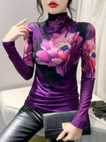 Znbbw New High Neck Long Sleeve Mesh T-shirt Women's Fashion Fairy Positioning Printing Big Flowers Bottoming T Shirts BH9865