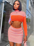 Znbbw Women Long Sleeve Knitted Crop Tops Mini Skirts Two Piece Sets Suits Outfits 2023 Spring Autumn Clothes Wholesale Items