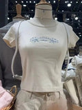 Znbbw Embroidery Slim Crop Top Women Vintage Beige Cotton Round Short Sleeve Tees Clothes Harajuku Sweet Summer T Shirt Female