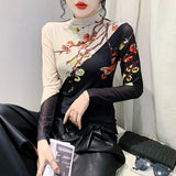 Znbbw Mesh T Shirts Lady Turtleneck Contrast Color Long Sleeve Positioning Printed Floral Tshirt Women's Fairy Base Tops