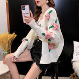 Znbbw Female 2024 Spring and Autumn Knitwear Women Heavy Industry Rose Blossom Embroidery Contrast Sweater Coat Cardigan