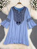 Znbbw Temperament Loose Ethnic Style Embroidered Dress Cotton Linen Holiday Vintge Dresses Women D1445