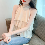 Znbbw Hot Tank Tops Girls Fake Diamonds Halter Collar Layered Chiffon Ruffles Off Shoulder Camisole