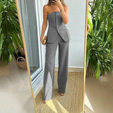 Znbbw Women's 2-piece Pants Set 2024 Spring Solid Single Breasted Split Tops High Waist Wide Leg Trousers Female Pants Sets