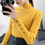 Znbbw Women Autumn Knitted Slim Sweaters Solid Knitted Female Cotton Soft Elastic Color Pullovers Button Full Sleeve Turtleneck