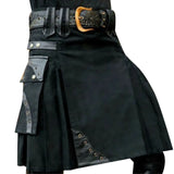 Znbbw Mens Fashion Classical Pu Leather Patckwork A-line Skirts Casual Retro Scottish Style Solid Pocket Pleated Skirt Toddler Indoor