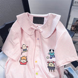 Znbbw Vintage Blouses Cartoon Embroidery Plaid Lace Up Tops Button Cardigan Summer Cute Sweet Peter Pan Collar Girl Shirts
