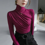 Znbbw Women Turtleneck Full Sleeve Folds T Shirts Lady High Quality Elegant Elastic Tops Tees Female T-Shirt