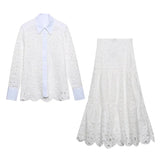 Znbbw Women Summer White Lace Dress Set Hollow Out Embroidery Shirt Skirt 2 Pcs Robe Outfits Single Breasting Cotton Maxi Dress
