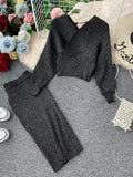 Znbbw Women's High Waist Bright Silk Knit Bag Hip Skirt Two-piece Fashion V-neck Sweater Bat Sleeve Two-piece Women's Sets GD123