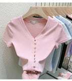 Znbbw T Shirts Women V-Neck Pearl Buttons Cropped Tshirt Tee Lady Solid Slim Cardigan Crop Top for Female