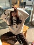 Znbbw Vintage Pullovers for Women Long Sleeve Bow Jacquard Autumn Winter Sweaters Design Aesthetics Loose All Match Clothing