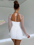 Znbbw Elegant Backless Sexy Mini Dress For Women Robe Two Layer Mesh Full Sleeve Zipper Bodycon Party Short Dress Vestido