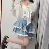 Znbbw Sweet Y2k Skirts Ruffles Lace Patchwork Bandage Design Denim Mini Skirt Summer Korean All Match Kawaii Girl Clothing