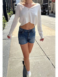 Znbbw White Button Knitted Cardigan Women Autumn Solid V Neck Cotton Casual Pullover Sweater Harajuku Sweet Loose Crop Top Y2k