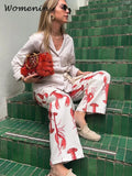 Znbbw Cartoon Lobster Women Pants Sets Lace Up Short Puff Sleeve Shirts Wide Leg Trousers 2024 Summer Casual Lady 2 Pieces Suit