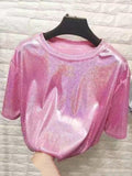 Znbbw woman tops shiny loose short sleeve t-shirt sexy club aesthetic harajuku women stylish bright silk tshirt