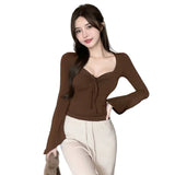 Znbbw Women's T-shirt Solid Square Neck Slim Fit Sexy Slim Fit Sweet Spicy Long Sleeve T-shirt Short Top