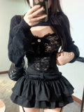 Znbbw Sexy 3 Piece Set Women Fashion Lace Design New Y2K Suit Female Long Sleeve Coat + Black Strapless +pleated Skirt Spring