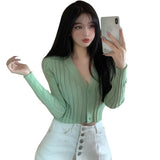 Znbbw Women's V-neck Thin Top Sunscreen Button Knitted Cardigan Short Slim Fitting Long Sleeved Cardigan