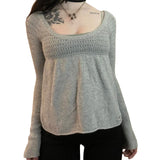 Znbbw Women Autumn Fashion Cropped Knitted Tops Solid Color Cutout Round Neck Long Sleeve Shirts Spring Exposed Navel Streetwear