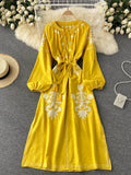 Znbbw New Spring Autumn Women's Embroidered Dress V-neck Tie Split Retro Indie Folk Style Holiday Beach Long Dress Women GD679