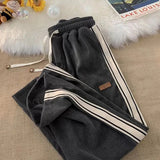 Znbbw Striped Corduroy Sweatpants Women Winter Thick High Waist Drawstring Wide Leg Trousers Y2K Korean All-Match Straight Pants