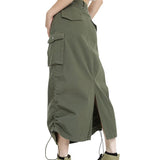 Znbbw Women Cargo Skirt Summer Clothes 2023 Retro Drawstring Half Dress Long Side Pockets Solid Color Skirt y2k Streetwear