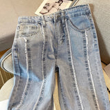 Znbbw Vintage Jeans Raw Edge Stitching High Waist Pockets Lady Pantalones Spring Summer Casual Loose All Match Women Clothes