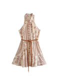Znbbw TRAF Women Printed Dress 2023 Summer Resort Style Belted Bow Decoration Halter Sleeveless Dress