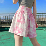 Znbbw High Waist Women Sports Shorts Summer Korean Tie Dye Loose Wide Leg Pants Casual Female Streetwear Fluorescent Pink Shorts
