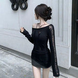 Znbbw Split Hollow Out Cool Pullover Hole Knit Sweaters Women Dark Black Gothic Lady Sweater Autumn Sexy See Through Pull Jumpers