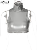 znbbw Summer Sexy silver Crop Top Club Outfit For Women 2023 Turtleneck Button Sleeveless Corset Tank Tops Party Casual Tops