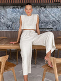 znbbw 2023 Women Holiday Linen Pant Set Crop Tops Solid Outfits 2 Two Piece Matching Set For Women Sleeveless Casuals Fashion