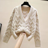 Znbbw new fashion all-match knitted outer wear sweater Sweet beaded V-neck knitted cardigan women's spring