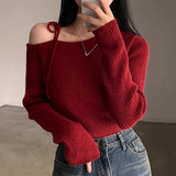 Znbbw Skew Collar Sweater Off Shoulder Ropa Mujer Lace Up Bow Pullover Feminino Sexy Womens Clothing Korean Knitwears