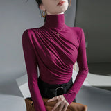 Znbbw Women Turtleneck Full Sleeve Folds T Shirts Lady High Quality Elegant Elastic Tops Tees Female T-Shirt