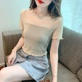 Znbbw Sheath T Shirts Summer Women New Elegant Short Sleeve Crop Tops Girls Solid See-through Mesh Tee T-shirt