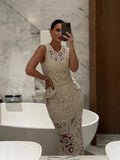 Znbbw O Neck Hollow Out Skirt Set Women Chic Hook Flower Sleeveless Top Irregular Skirt Suit 2024 Spring Lady Elegant Outfit