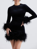 Znbbw Feather Black Women Party Dresses Spring Autumn Long Sleeve Round Neck Mini Dress 2024 Female Elegant Club Evening Vestido