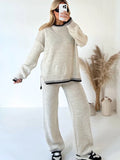 Znbbw Women's Knitwear Suit Autumn Winter Loose O-neck Long Sleeve Striped Pullover Soft High Waist Straight Pants Two-piece Suits