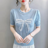 Znbbw Style Beading Bowknot T Shirts Women's O Neck Short Sleeve Knitted Sweet Tee Tshirt Summer Slim Thin Top