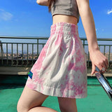 Znbbw High Waist Women Sports Shorts Summer Korean Tie Dye Loose Wide Leg Pants Casual Female Streetwear Fluorescent Pink Shorts