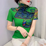 Znbbw Spring Print Tees Women Turtleneck Soft Short Sleeve T Shirts Lady Mesh Elegant Stretchy Tops Tees Female T-Shirt