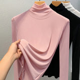 Znbbw S-4XL Women Turtleneck Slim Soft Full Sleeve T Shirts Lady Mesh Elegant Elastic Tops Tees For Women