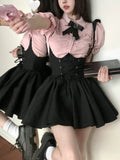 Znbbw Kawaii Sweet Two Piece Set Women Korean Style Y2k Party Skirts Suit Female Pink Puff Sleeve Blouses£«Suspenders Mini Dress