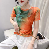 Znbbw Located Printing Floral Mesh Top Women O Neck Short Sleeve T Shirts Lady Elegant High Stretchy Tee T-Shirt