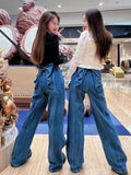 Znbbw Design Jeans Bow Patchwork Solid Color High Waist Casual Loose Pantalones De Mujer Spring Autumn All Match Clothing 2024