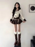 Znbbw Harajuku Gyaru Matching Sets Striped Long Sleeve Crop Tops High Waist Pleated Mini Skirts Autumn Design Women's Clothing